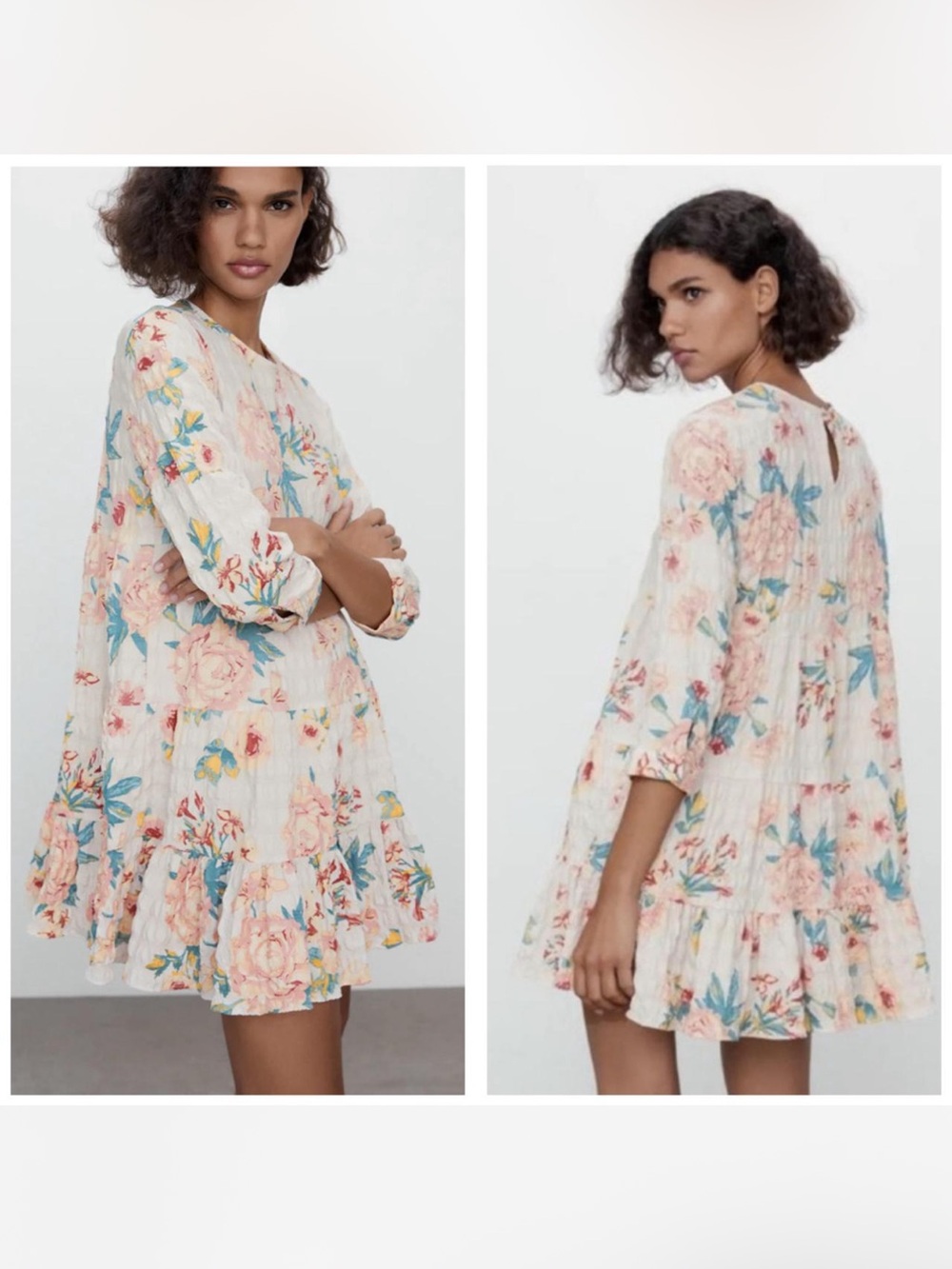 ZARA Floral Tiered Babydoll Dress in Cream with Pink Blooms